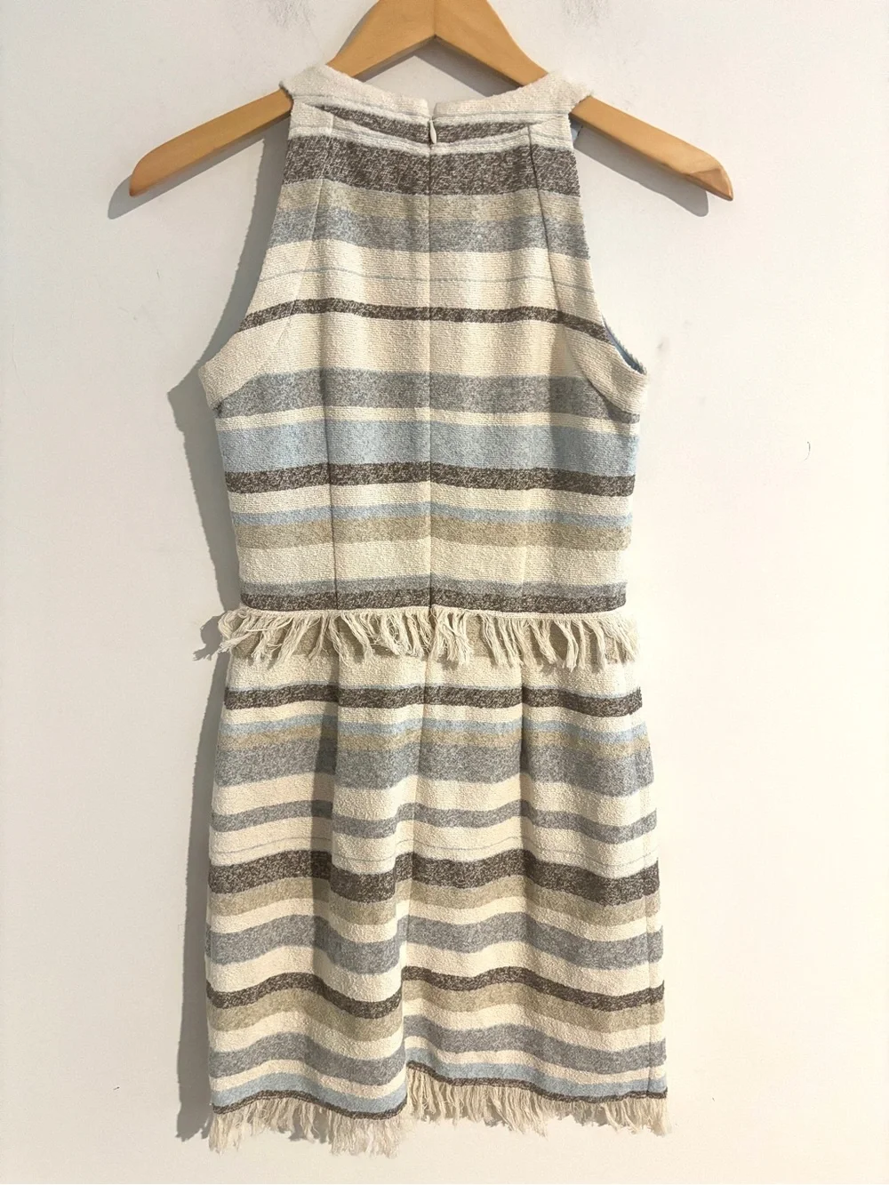 Tory Burch Sleeveless Tweed Dress Cream Grey Sky Blue Striped Fringe Trim Size 2